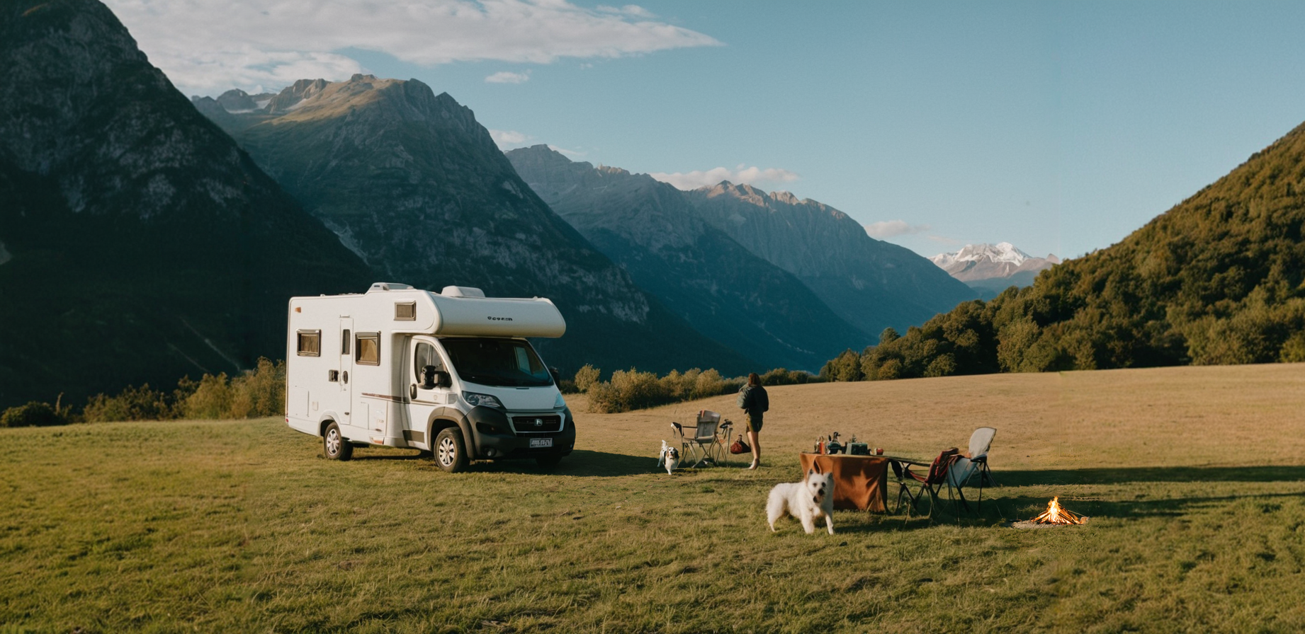 Header afbeelding van een camper met honden op een weiland tussen de bergen.